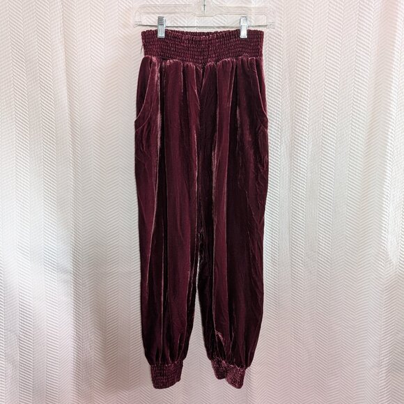 By Anthropologie Gloria Velvet Jogger Pants Size XS Wine Bordeaux Luxe Lounge - Picture 2 of 12